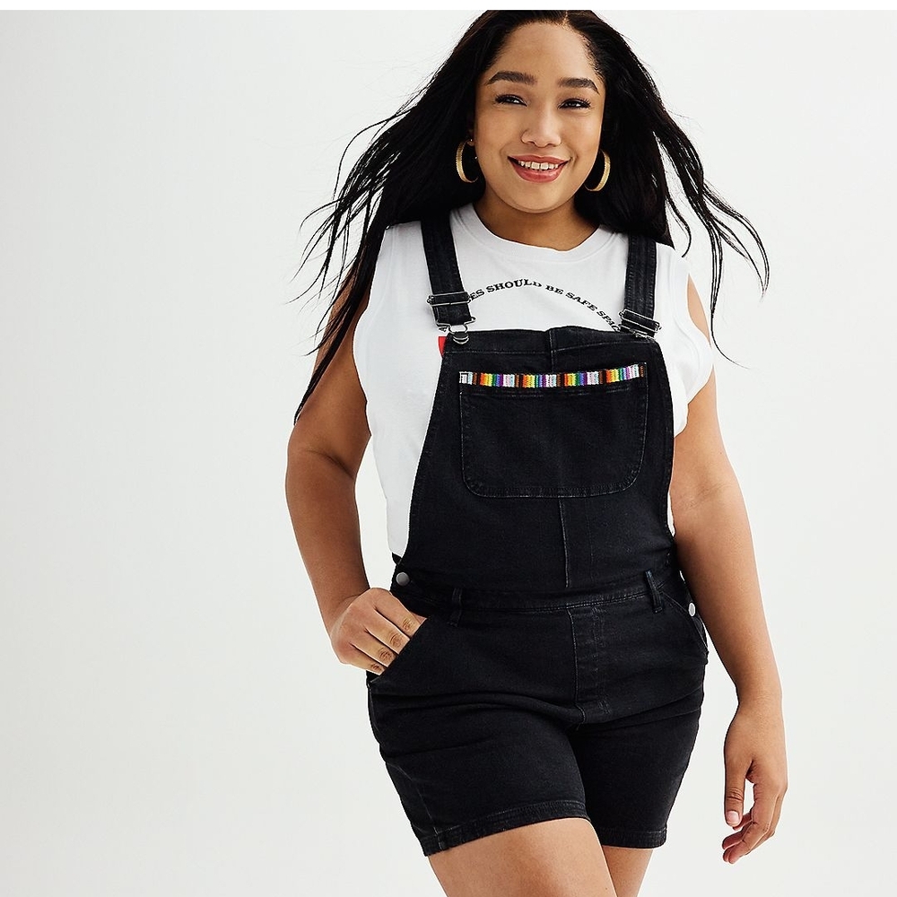 Black Denim Overalls with Rainbow Stripes unisex medium